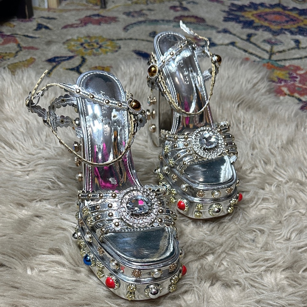 Embellished Silver Platform Heels with Multicolor Gems - Women's - Picture 3 of 7